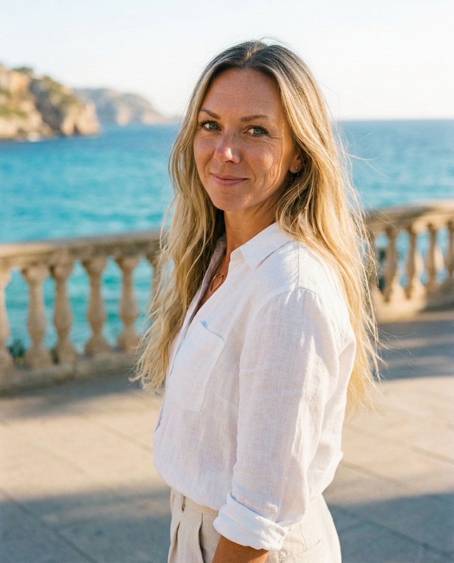 Tanja Novojevska on a seaside promenade at sunset