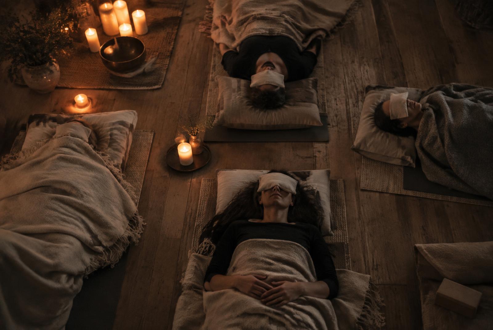 Participants lying under blankets during a guided Yoga Nidra session